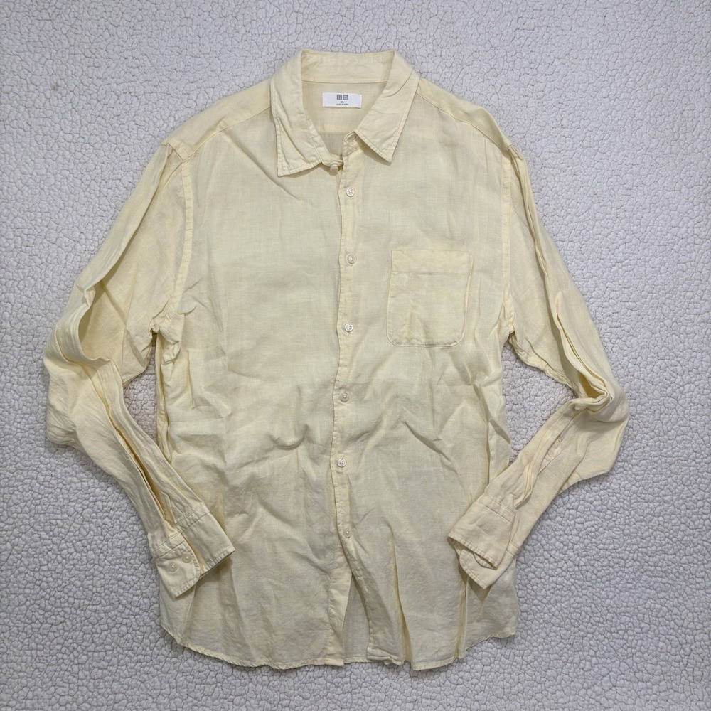 Uniqlo 100% Linen Button Up Shirt Mens XL Long Sleeve Butter Yellow Lightweight